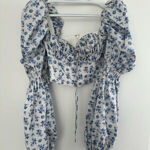 houseofCB Millicent top XS white and blue floral cropped corset top